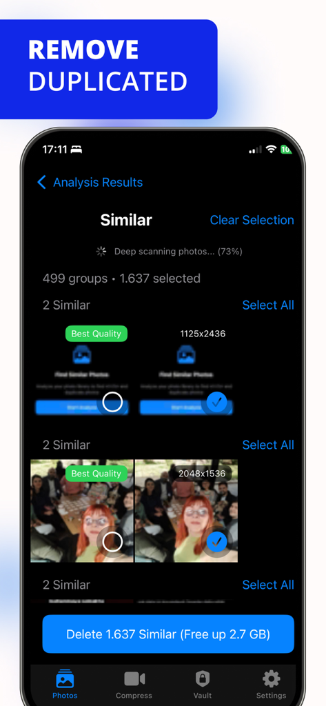 iPhoneのストレージ容量を解放するために、類似した重複写真を見つけて削除する方法を示すCleanupアプリのインターフェース