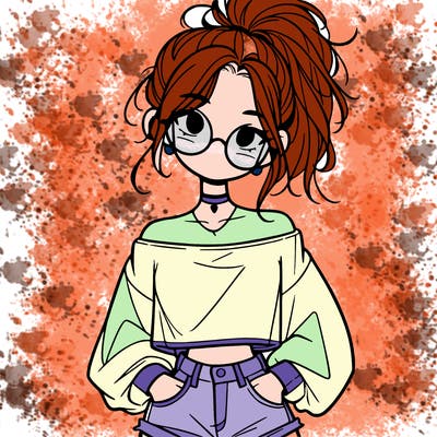 girl with a messy ponytail glasses a baggy crop top and jean shorts