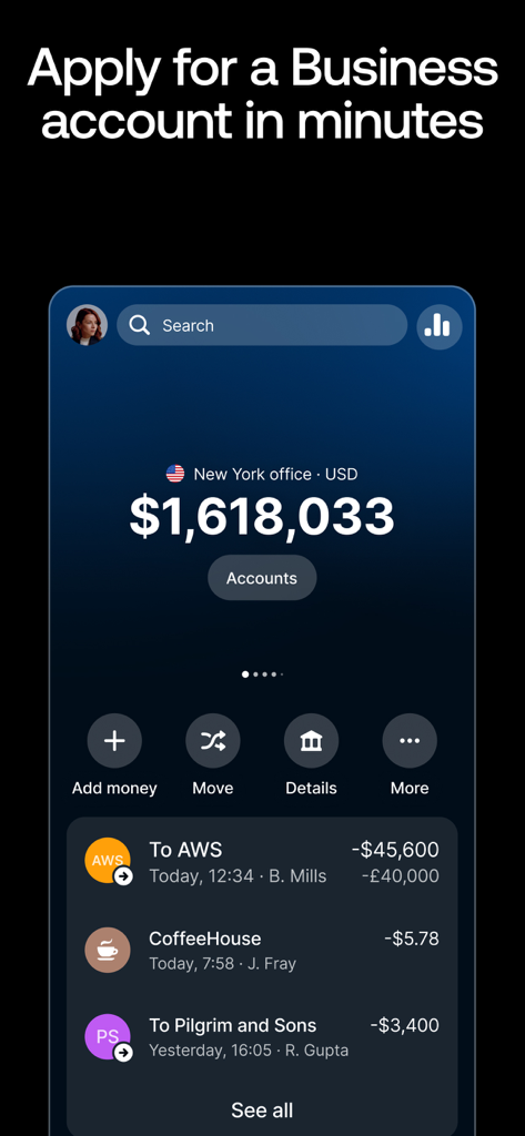 Revolut Business app dashboard showing USD balance and recent company transactions