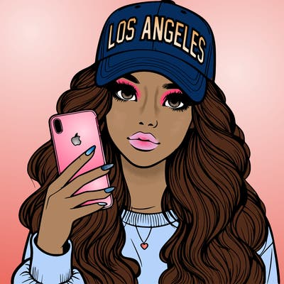 realistic beautiful girl wearing los ángeles cap holding an iphone