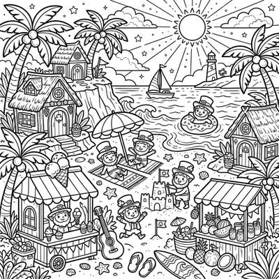 Embark on a magical summer adventure with this delightful coloring page featuring quaint leprechaun cottages perched above a lively beach. Discover playful leprechauns enjoying tropical fruits, building sandcastles, and splashing in the ocean under the warm sun.