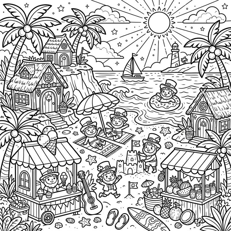 Embark on a magical summer adventure with this delightful coloring page featuring quaint leprechaun cottages perched above a lively beach. Discover playful leprechauns enjoying tropical fruits, building sandcastles, and splashing in the ocean under the warm sun.