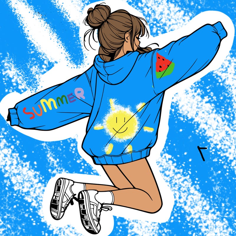 realistic girl jumping with a bun and oversized sweatshirt