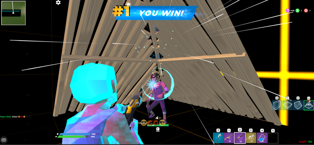 BuildNow GG - Building Shooter - Victory screen in BuildNow GG showing a character inside a wooden building structure with a You Win banner.