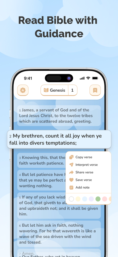 Angely: Screen Time & Faith - Interface of the Angely app showing a Bible reader with verse interpretation and guidance tools.