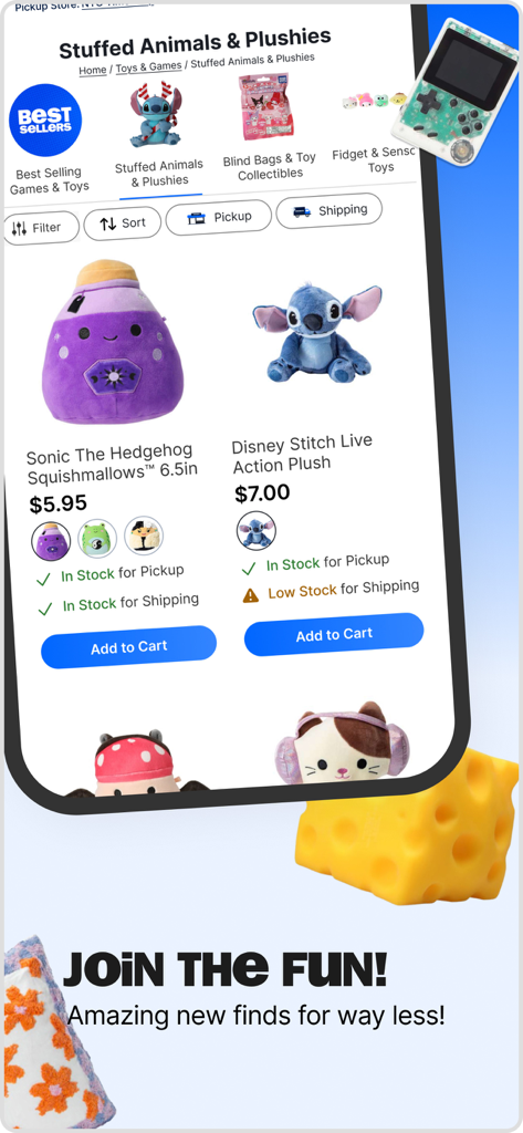 Five Below app category page for stuffed animals and plushies featuring Sonic Squishmallows and Disney Stitch
