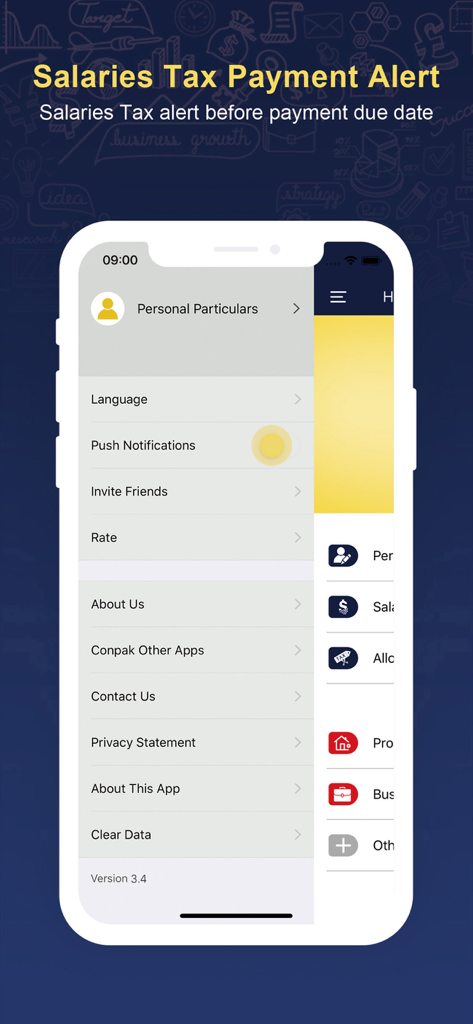 HK Salaries Tax Calculator - Aplicación Calculadora de Impuestos sobre el Salario de HK que muestra el menú de ajustes y la función de alerta de pago de impuestos
