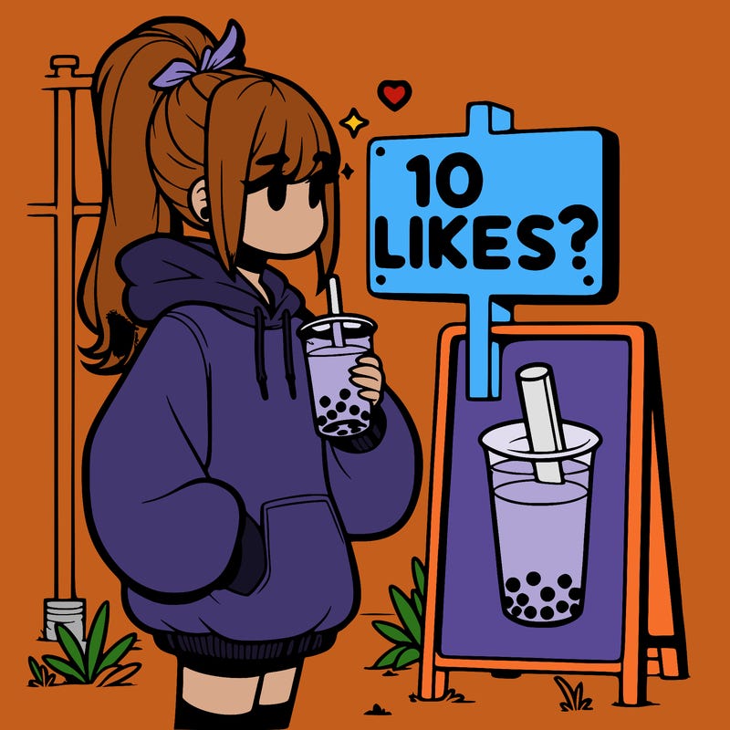 girl with oversized hoodie drinking boba and she has a high ponytail with a sign that says 10likes?
