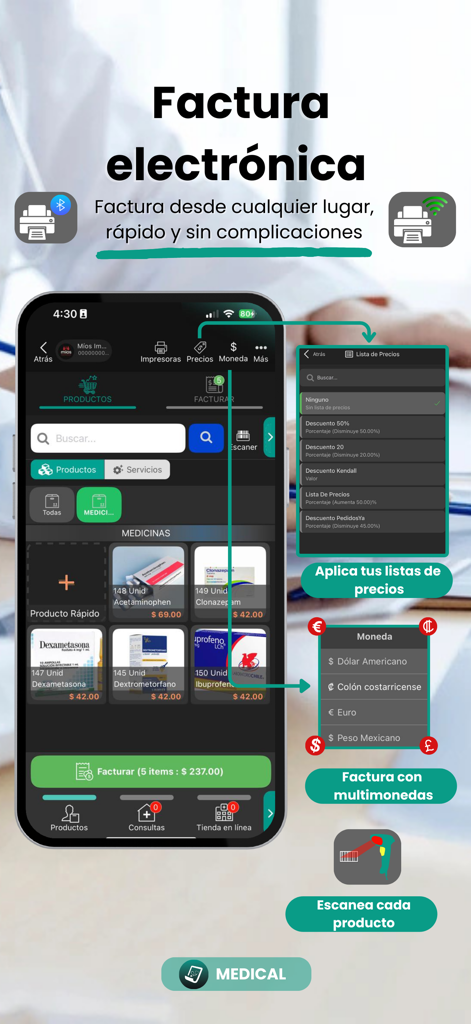 Medicals - Interfaz de la aplicación Medicals que muestra facturación electrónica con inventario de productos médicos y opciones de facturación multidivisa.