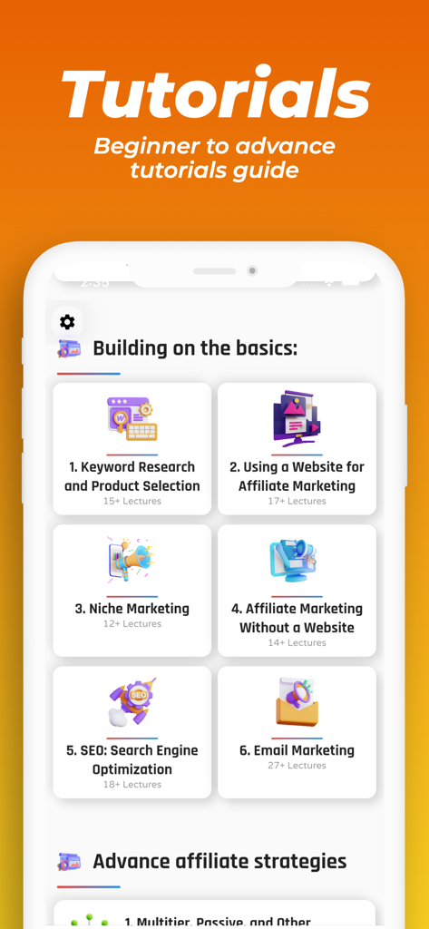 Learn Affiliate Marketing Proアプリのダッシュボード。キーワードリサーチ、SEO、Eメールマーケティングのチュートリアルモジュールが表示されます。
