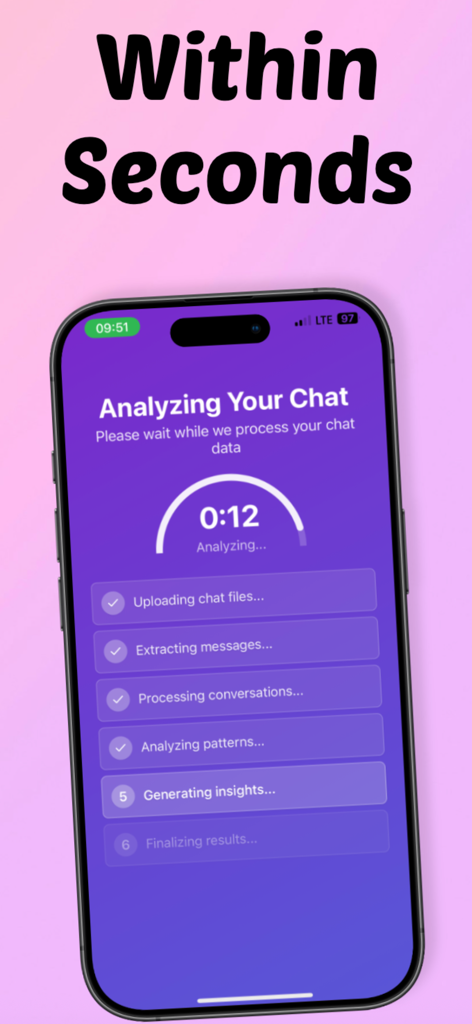 An iPhone screen displaying the Chat Analyzer app processing chat data with a progress timer and checklist for AI analysis.