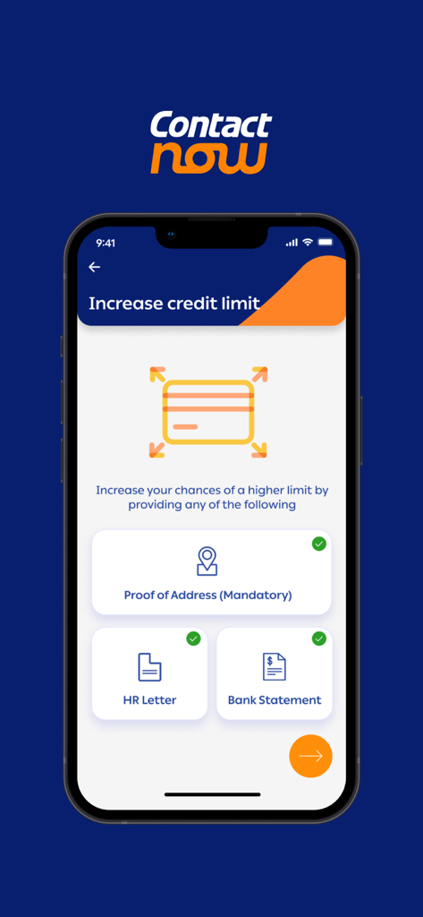 ContactNow | كونتكت - Interface of ContactNow app showing credit limit increase options like proof of address and bank statement
