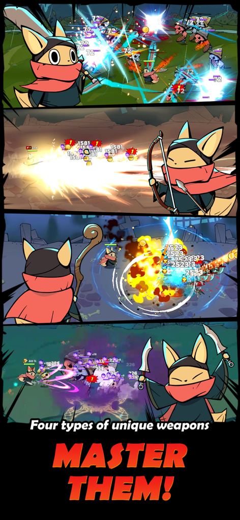 Tailed Demon Slayer - Four action panels showcasing the fox hero using a sword bow staff and daggers to defeat monsters in Tailed Demon Slayer