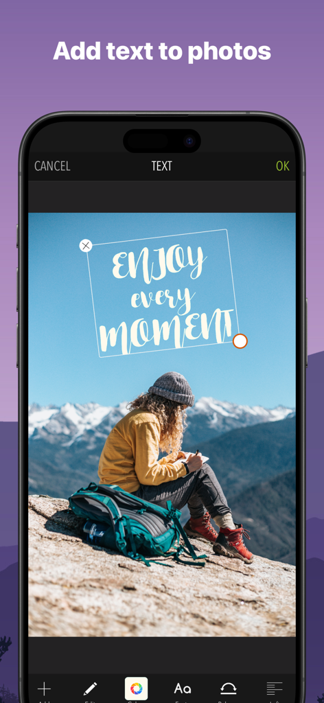 PicPoc - Photo Editor AI - PicPoc app interface demonstrating the add text to photos feature with a mountain landscape