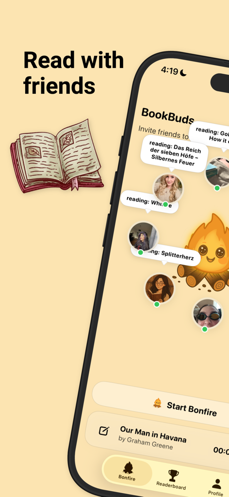 BookBuds app interface showing friends reading together around a cozy virtual bonfire