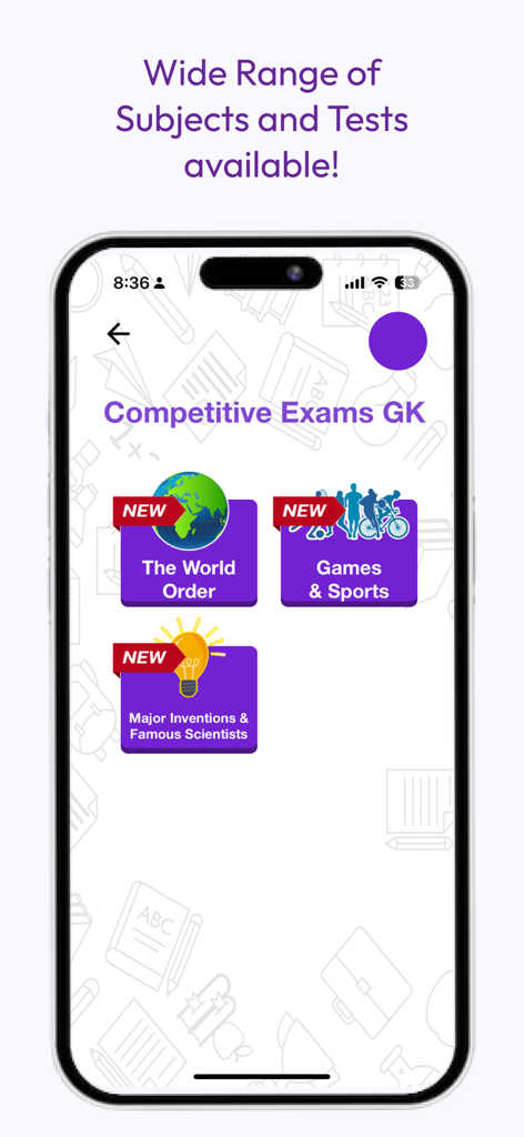 Pantalla de la aplicación Scholar Planet que muestra materias de conocimiento general para exámenes competitivos como orden mundial y deportes