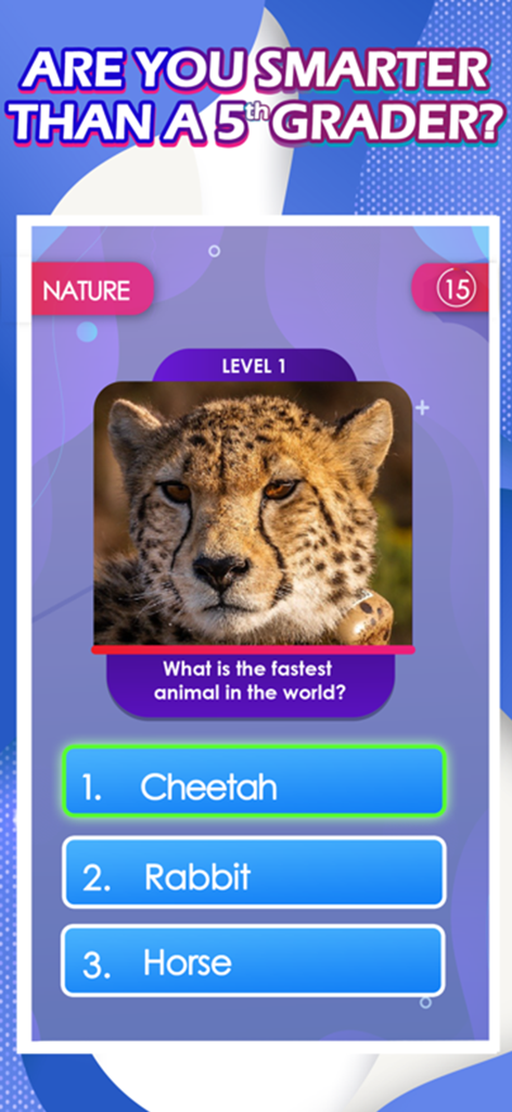 Trivia Quiz Test Games - A nature trivia quiz screen asking for the fastest animal in the world with a cheetah image