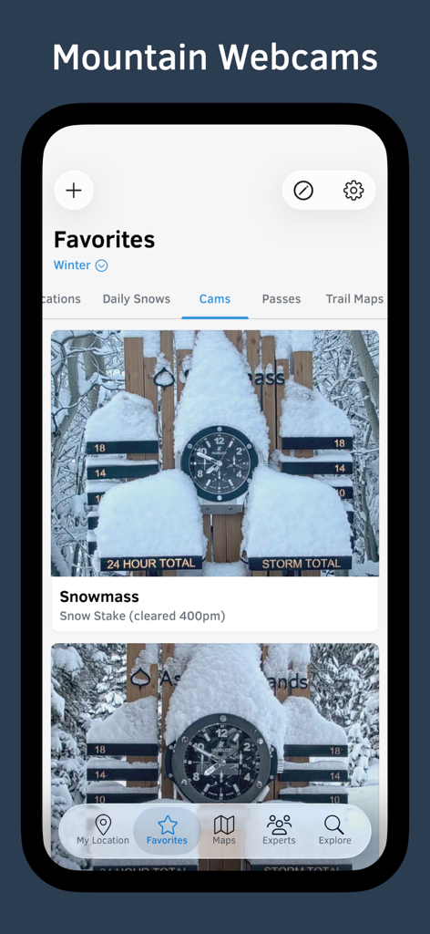 Pantalla de la aplicación OpenSnow que muestra la función de webcams de montaña con datos de nivel de nieve en vivo para el centro de esquí Snowmass.