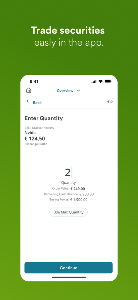 Ein Bildschirm einer mobilen App, der einen Wertpapierhandel für Nvidia-Aktien mit Optionen zur Eingabe der Menge und Anzeige des Auftragswerts zeigt.
