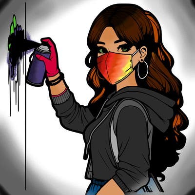 realistic girl with mask spray painting a wall