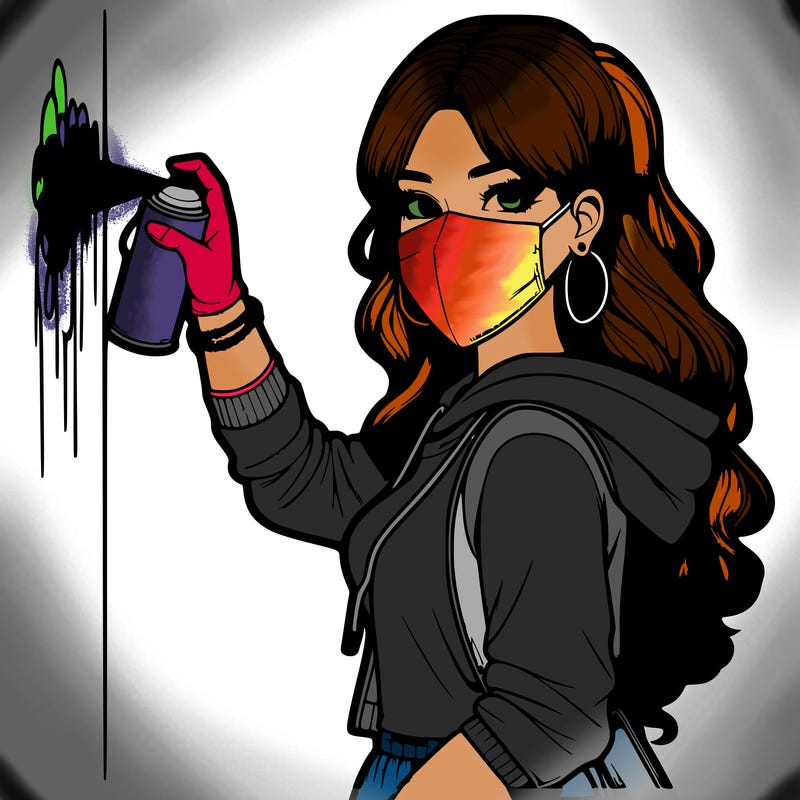 realistic girl with mask spray painting a wall