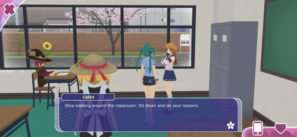 Anime City 3D - Personajes de anime interactuando en un aula escolar con un cuadro de diálogo en Anime City 3D.