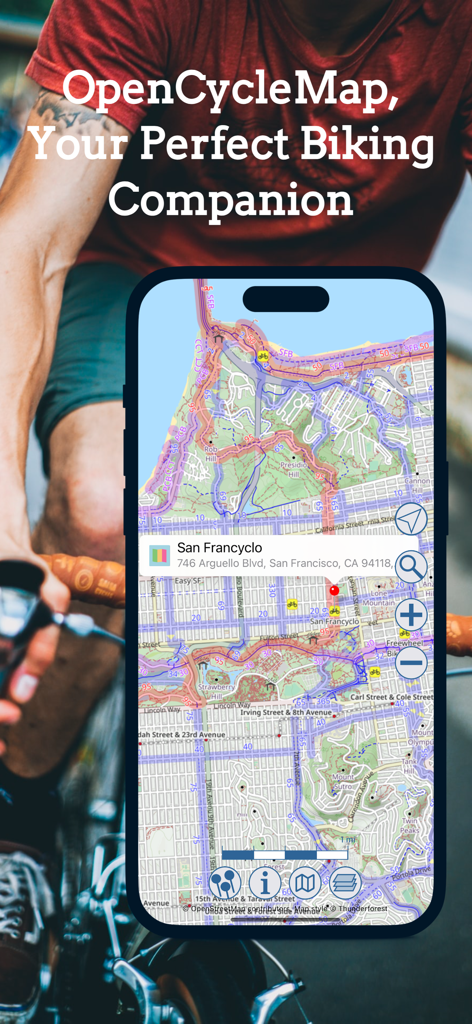 iPhone mostrando una ruta de OpenCycleMap en San Francisco con un ciclista al fondo