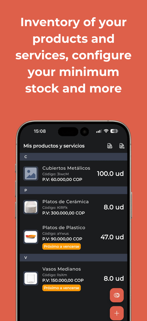 My Business Control - Un écran mobile affichant une liste d'inventaire avec les noms des produits, les prix et les quantités en stock.