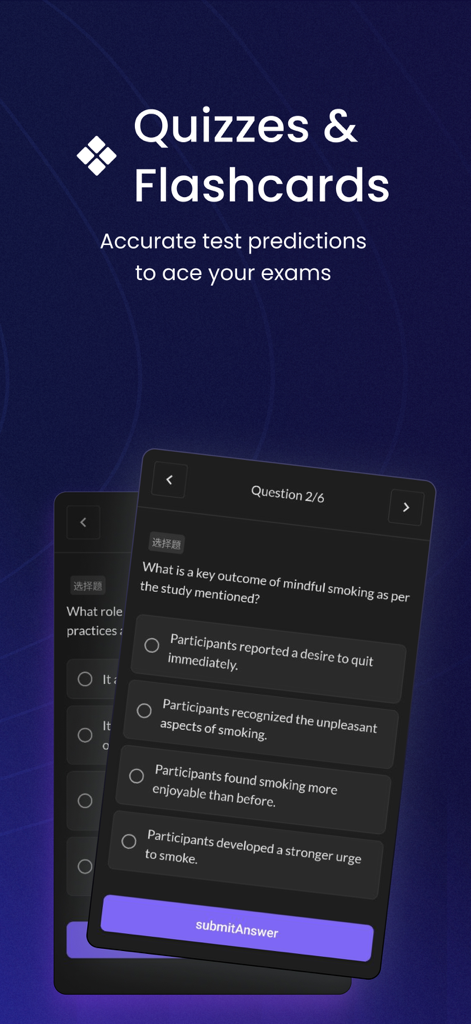 ThetaWave-AI Study Notes - Interfaz de la aplicación ThetaWave AI mostrando cuestionarios interactivos y tarjetas de memoria para la preparación de exámenes.