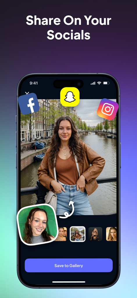 AI Photo Generator: FaceOff - Interfaz de la app FaceOff mostrando un retrato generado por IA de una mujer en Ámsterdam con iconos para compartir en Instagram, Facebook y Snapchat