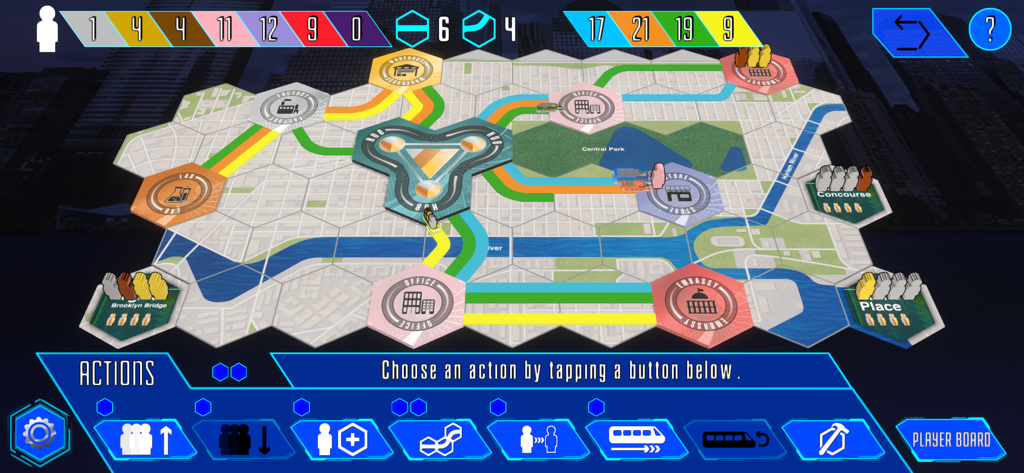 Maglev Metro - Digital board game interface for Maglev Metro showing a colorful subway map of Manhattan with various station locations and action icons.