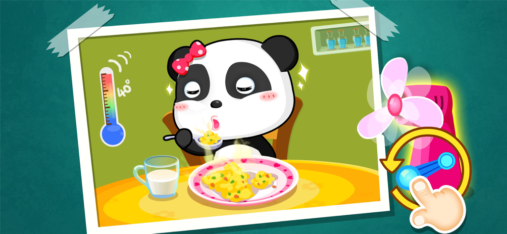 Baby Panda Safety at Home - Baby panda character learning to cool down hot food with a fan