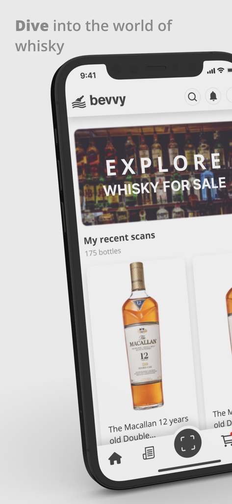 Bevvy - Smartphone screen showing the Bevvy app interface with a history of scanned whisky bottles including a Macallan 12 years