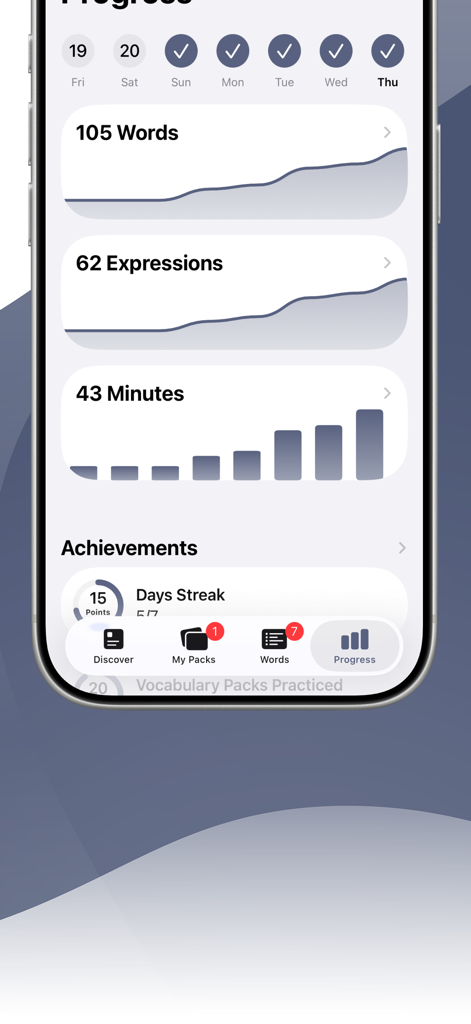 LENGOアプリの進捗ダッシュボード：単語、フレーズ、学習時間の統計を表示