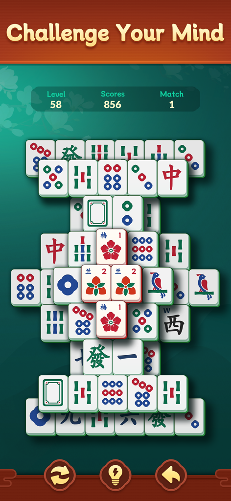Shanghai Mahjongg Puzzle - Mahjong solitaire gameplay with large clear tiles and a mental challenge heading on a green background.