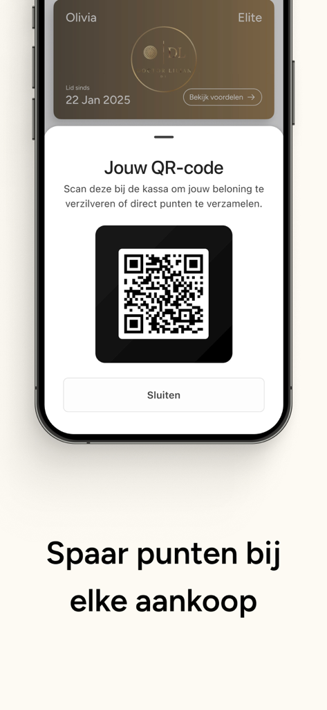 DL Beauty app interface showing a QR code for loyalty points