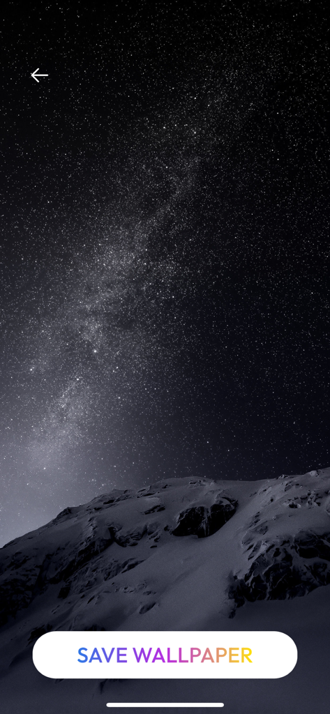 Live Wallpaper Maker - Themes - A high-resolution 4K live wallpaper featuring a starry night sky above a snowy mountain ridge with a Save Wallpaper button.