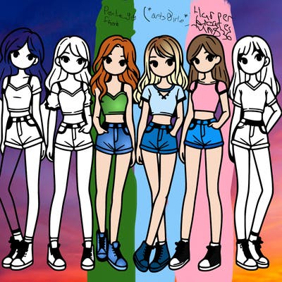 a group of girls wearing crop tops and shorts