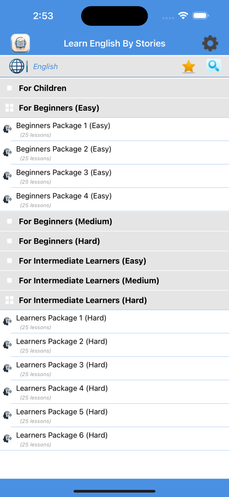Learn English By Stories + - Interface of the Learn English By Stories app showing story packages categorized for children beginners and intermediate learners
