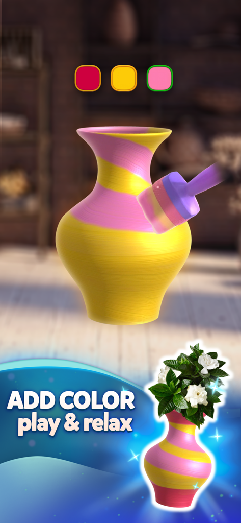 A 3D ceramic vase being painted with yellow and pink stripes in a DIY art puzzle game