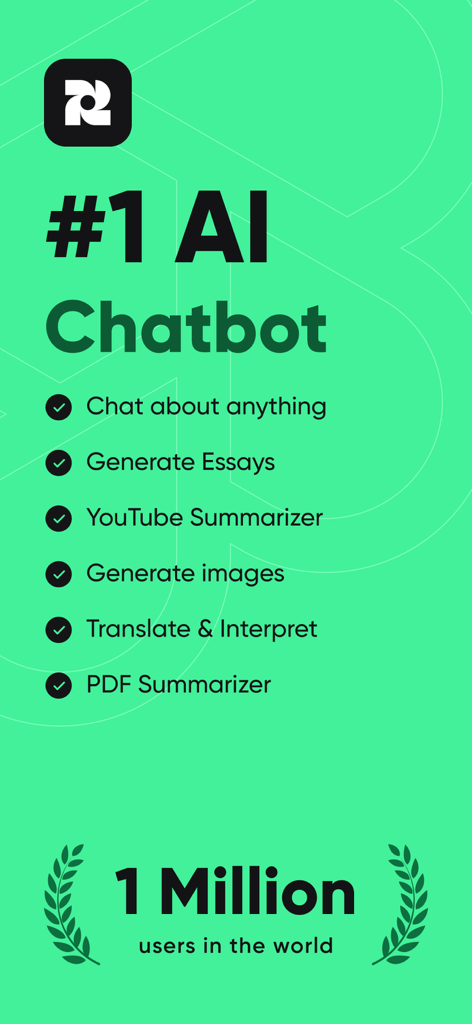 RoboAI - Chat & Ask AI Chatbot - Promotional screen for RoboAI Chatbot highlighting key features like essay generation, image creation, and PDF summarization with a milestone of 1 million users.