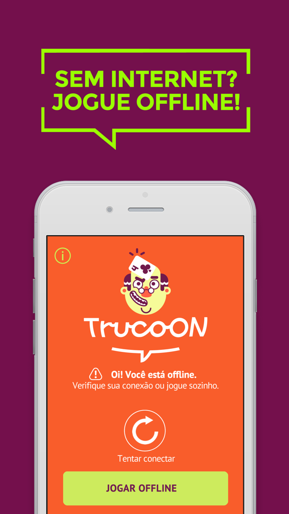A mobile phone displaying the TrucoON app with a prompt to play the Brazilian card game offline.