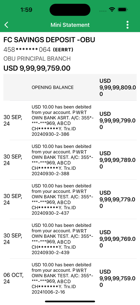 PI Offshore Banking - Mini statement screen of the PI Offshore Banking app showing transaction history for a USD savings account.