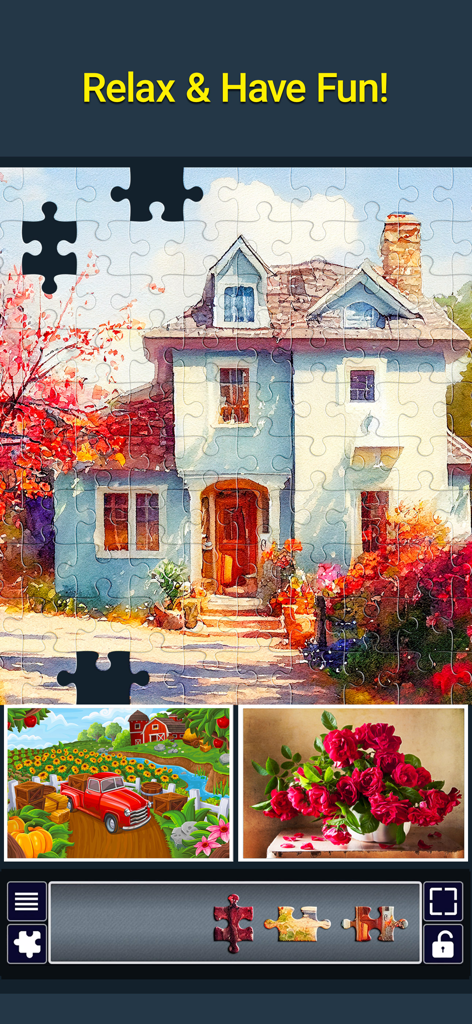 Jigsaw Puzzle Crown for Adults - Jigsaw puzzle gameplay featuring a colorful house painting and a puzzle piece tray.