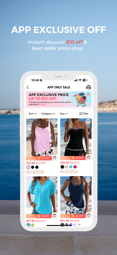 Modlily-Online Shopping - Interfaccia dell'app mobile Modlily che mostra sconti esclusivi e prezzi in saldo sulla moda femminile