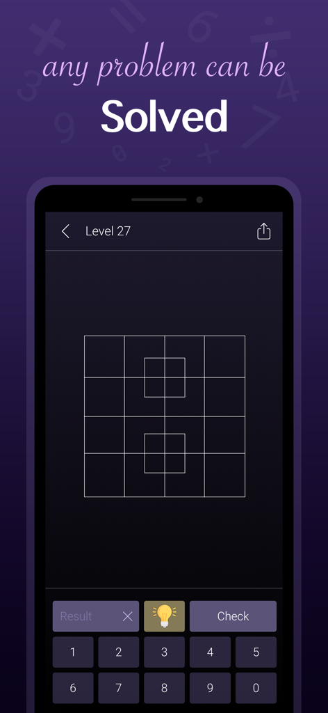 Math: Riddles and Puzzles - A logic puzzle level from the Math Riddles and Puzzles app featuring a grid challenge and a numeric keypad for answers.