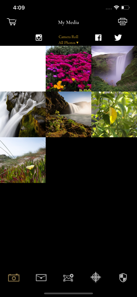 Lifeprint Printers - Lifeprint app interface showing the My Media screen with a grid of nature photos from the camera roll and social media integration icons
