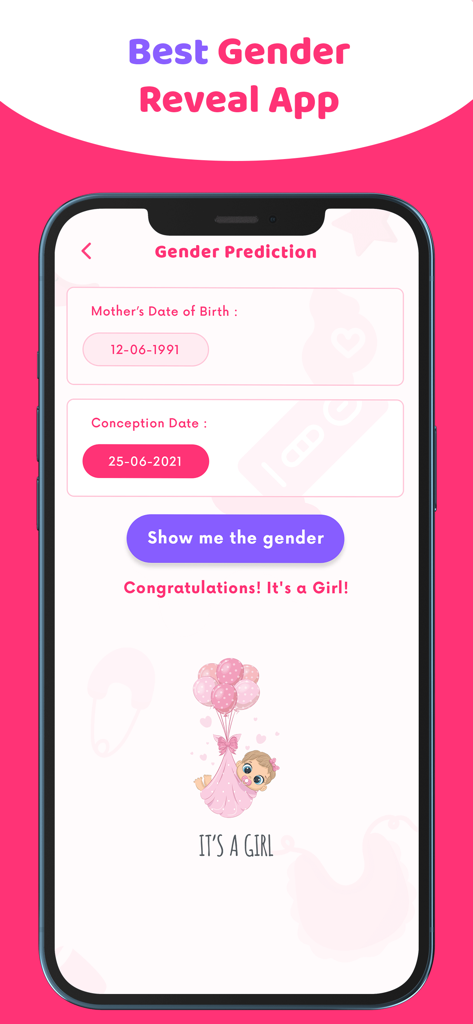 Baby Gender Reveal & Predictor - 출생 및 임신 날짜와 함께 여자 아기 성별 예측 결과가 표시된 모바일 앱 화면