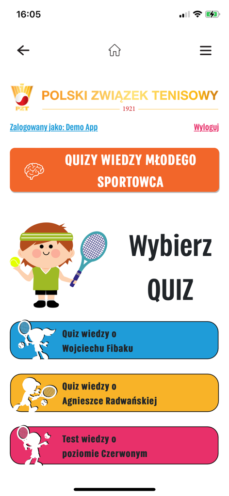 PZT - PZT app interface showing tennis quizzes for children about famous Polish players