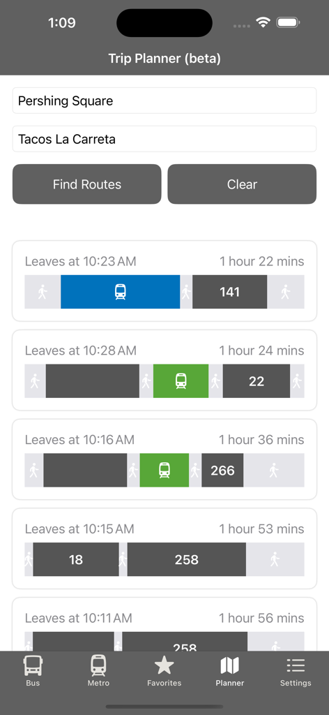 LA Metro and Bus - The trip planner screen of the LA Metro and Bus app displaying various transit routes and travel times in Los Angeles.